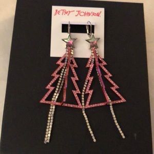 Betsey Johnson Silver Tone & Pink Metal Christmas Tree Drop Earrings Fringe NWT
